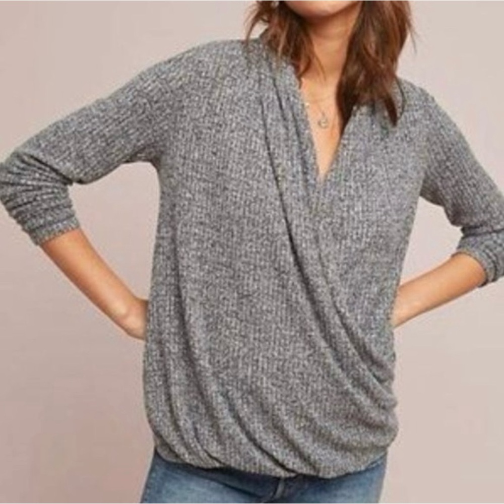 Anthropologie Akemi Kin Woodruff Size Small Gray Wrap Front Knit Long Sleeve Top